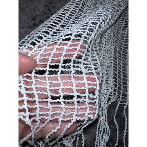 White Open Knit Sequin Fringe Boho Scarf 16" x 72" - Picture 5 of 5